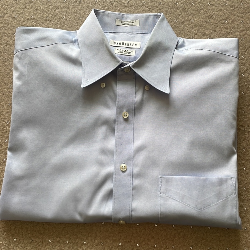 Van Heusen, Long sleeve button down dress shirt, Solid Blue, 15 1/2; 32/33